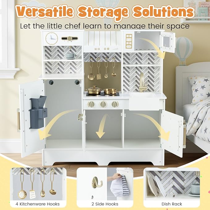 HONEY JOY Play Kitchen, Wooden Toy Kitchen Set with Coffee Maker, Microwave, Range Hood, Ice Maker, Stove, Dish Rack, Cookware, Pretend Play Kids Kitchen Playset for Toddler Boys Girls (White)