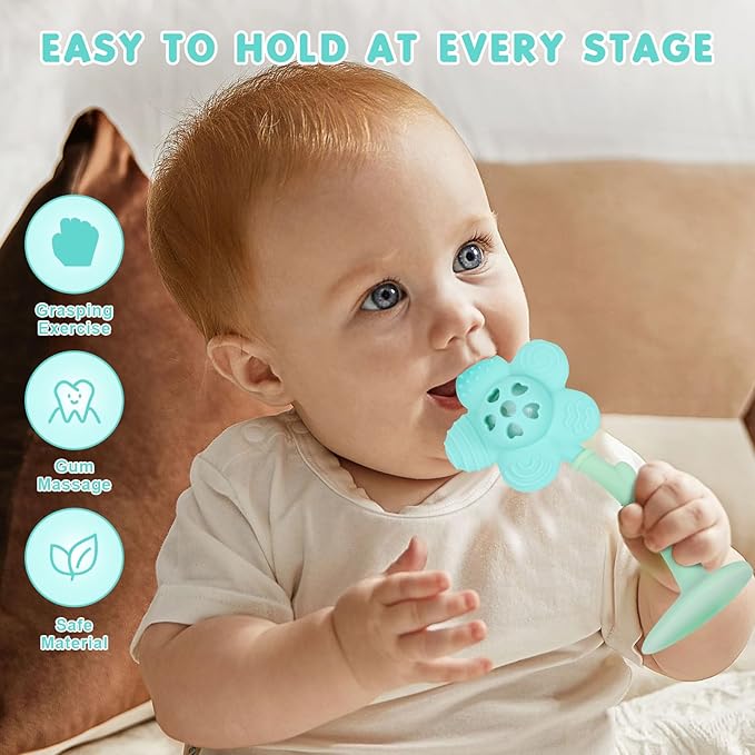 Baby Teething Toys, Teether and Rattle 2-in-1 for Babies 0-6 Months, Food Grade Silicone Teethers for Baies 3-6 6-12 Months, Infant Teething Relief Chew Toys, Sunnyflower Teether Toy BPA Free - Blue