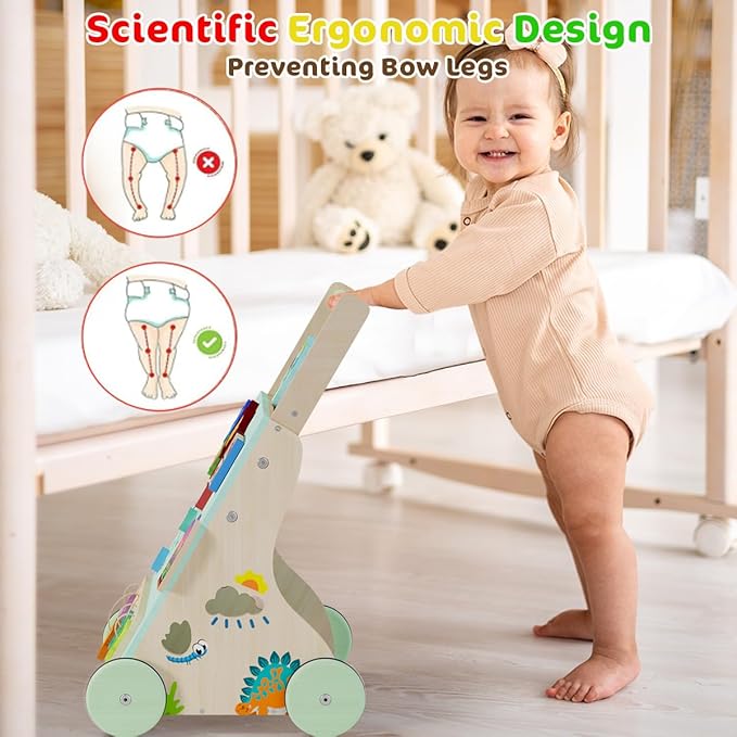 Wooden Baby Walker, Dinosaur Toddler Push Walker, Montessori Learning Activity Center for Boys Girls, Develops Motor Skills Sit-to-Stand Toys Multifunctional Educational Gifts for Kids Infant