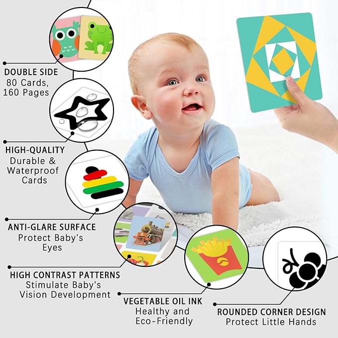 4 Sets High Contrast Baby Cards, 80 Pcs 160 Page Black White Colorful Baby Flashcards Newborn Toys for Infants Visual Stimulation Brain Sensory Development(0-36 Months)