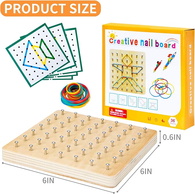 HEELWIRE Wooden Geoboard,Montessori Toy,Graphical Mathematical Education Toy for Kids with Pattern Cards and Rubber Bands to Figures and Shapes, Brain Teaser STEM Toy Geo Board (6 * 6 * 0.6 in)