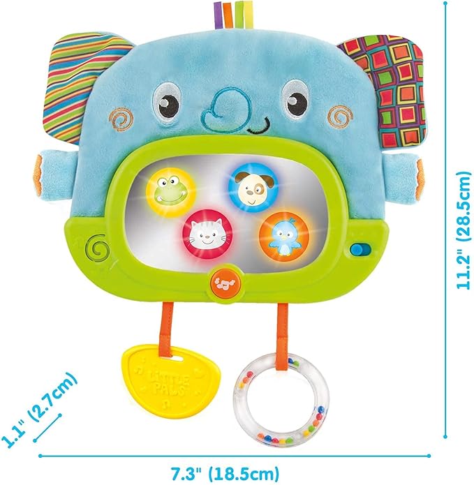 Bambiya Baby Tummy Time Mirror for Floor, Crib, Play Gym & Stroller - Soft Elephant Baby Mirror w/Hidden Characters – Daytime Play & Nighttime Lullaby Modes – 0+ Months