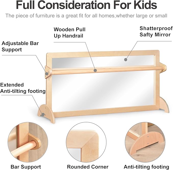 3-Position Montessori Wood Frame Non-Shatter Safety Pull Up Bar Baby Big Mirror Set, Infant Coordination Mirror, Kids Classroom Furniture for Daycare, Homeschool or Preschool