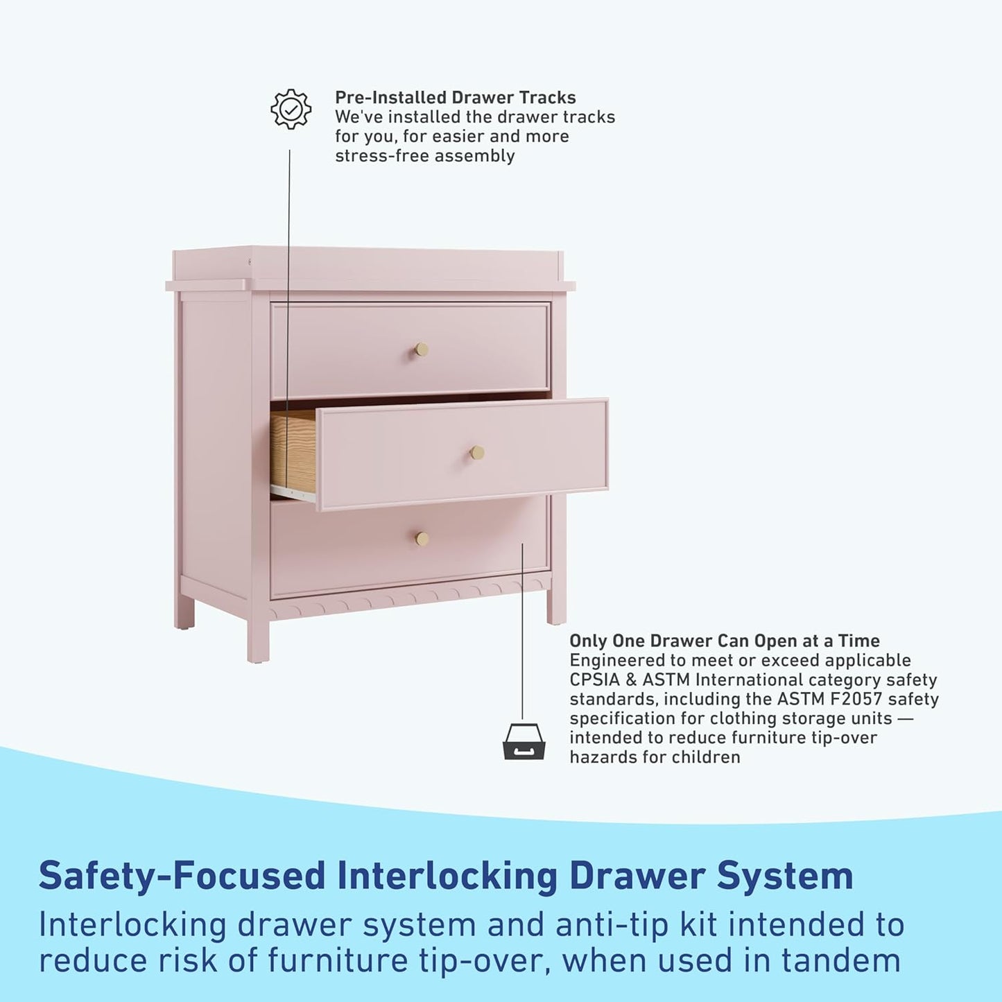 Graco Sasha 3-Drawer Chest with Changing Table Topper (Blush) – GREENGUARD Gold Certified, Nursery Bedroom Chest with Spacious Storage, Interlocking Drawer System, Pre-Installed Tracks