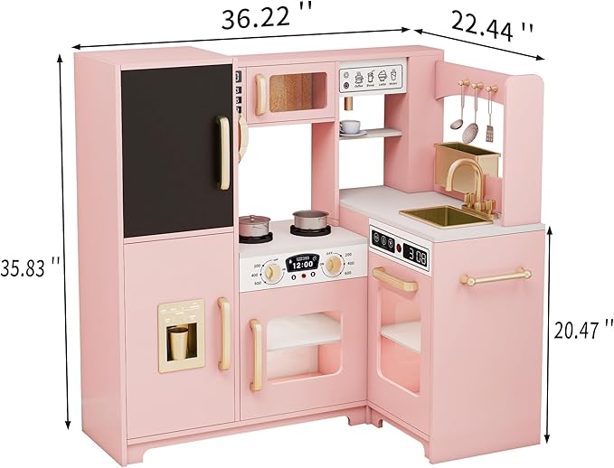 Kids Kitchen Playset with Lights & Sounds, Wooden Corner Play Kitchen with Sink,Oven, Ice Maker & Pretend Play Accessories, Educational Toy Kitchen Set for Toddlers, Pink