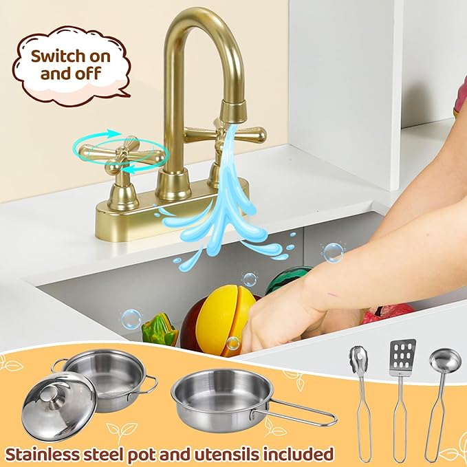 MAMIZO Kids Play Kitchen, Wooden Pretend Toy Kitchen, Large Toodler Cooking Playset, Stove and Water Dispenser w/Sound & Light, Sink, Microwave, Curtain, Modern Home Style for Ages 3+ (White)