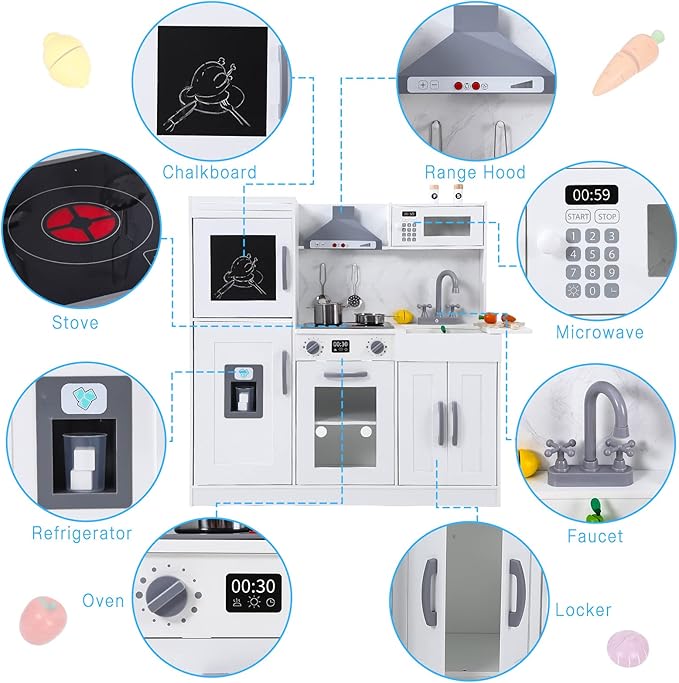 Kids Kitchen Playset,Wooden Play Kitchen Playset with Ice Maker Microwave,Oven and Other Accessories,Chef Pretend Play for Toddlers with Real Lights & Sound,Toy Gift for Boys Girls