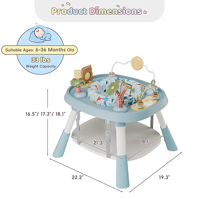 TOLEAD Baby Activity Center, Infant Jumper Activity Center with 5 Infant Toys, Music, Lights, Baby Jumpers and Bouncers, 360°Rotating Seat, Adjustable Heights, Toddler Play Table for 6+ Months (Blue)