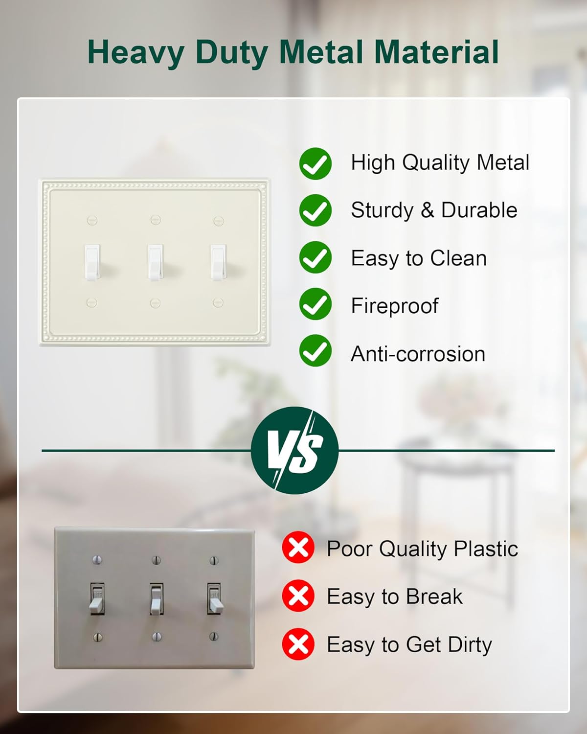 2-Pack Triple Toggle Light Switch Cover Plate, Pearls Decorative Switch Plate Covers, Light Almond 3 Gang Metal Wall Plate, Corrosion Resistant