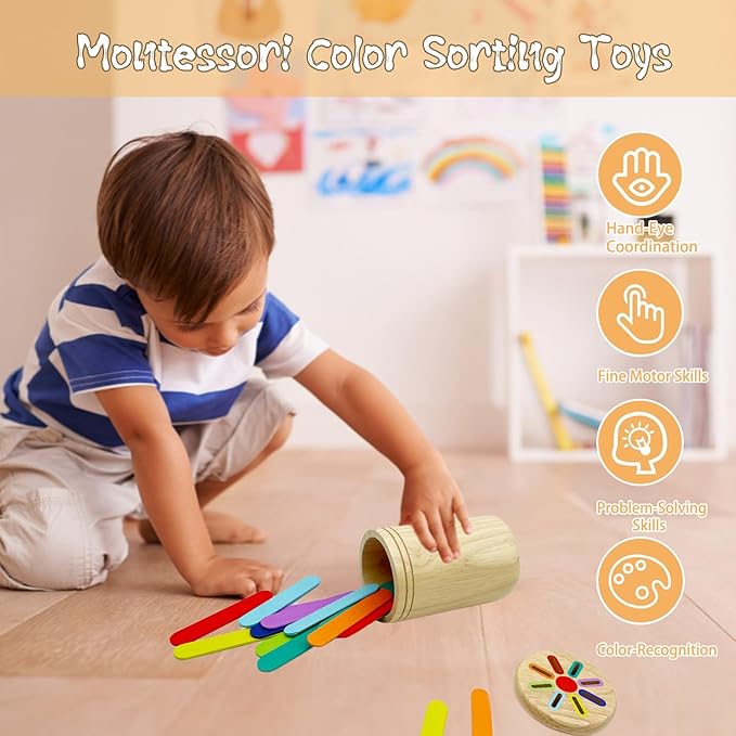 Wooden Montessori Sticks Toys for Kids, 8 Colors Natural Wood Toddler Learning Sorting Toys for 3 Year Old, Sensory Matching Game Birthday Gifts for Boys Girls (Ice Cream Sticks)