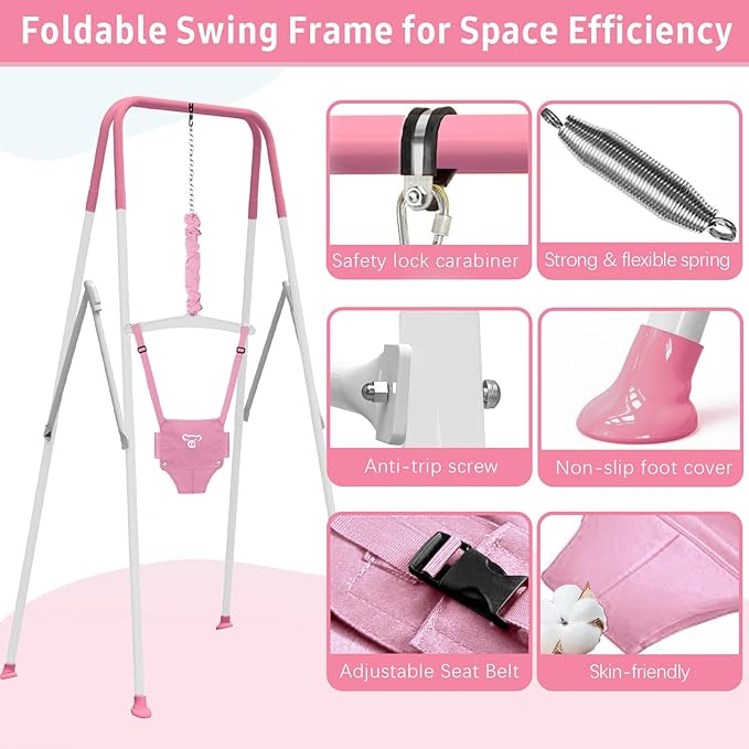 2 in 1 Toddler Swing & Baby Jumper, Foldable Baby Swing Outdoor & Indoor Use, Easily Installable and Storable (Pink)