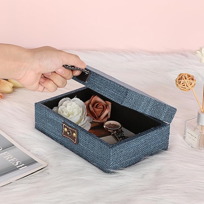Hipiwe Treasure Chest Jewelry Box - Wooden Decorative Box with Clasp Linen Covered Memento Case Box Rectangular Keepsake Box Photos Storage Organizer Home Decor,Blue