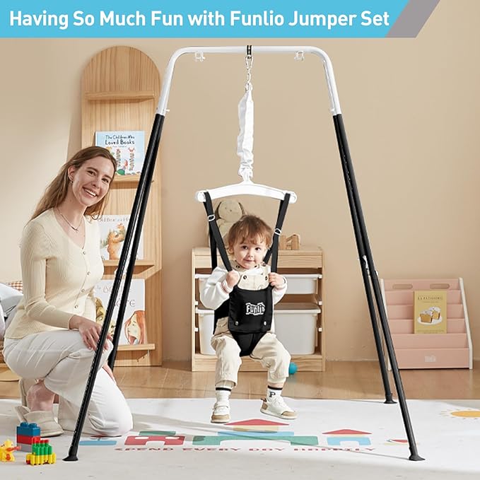 FUNLIO Baby Jumper with Stand for 6-24 Months, Toddler Jumper for Indoor/Outdoor Play, Infant for Baby Girl/Boy, with Adjustable Chain, Easy to Assemble & Store (with Stand) - Black