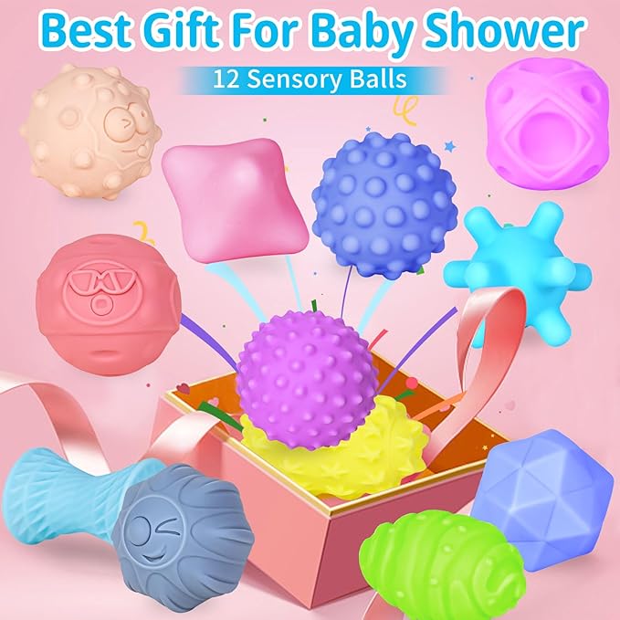 12 Pcs Sensory Balls for Toddlers 1-3, Sensory Baby Toys 6-12 Months, Montessori Toy for Babies 6-12 Months Squeeze, Infant Toys Soft Multi Ball Set Gifts with Bright Color Textured