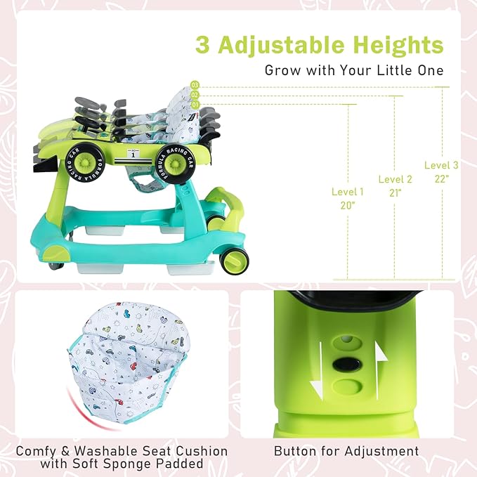 BABY JOY 4-in-1 Baby Walker, Foldable Activity Walker with Adjustable Height & Speed, Music, Lights, Anti-Rollover, Toddler Push Walker, Baby Walker with Wheels for Boys Girls 6-18 Months (Green)