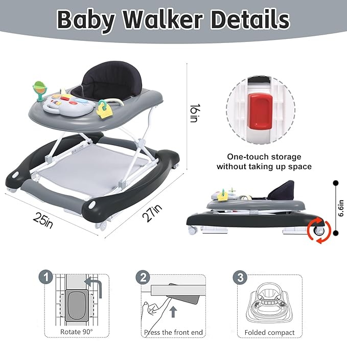 5 in 1 Foldable Baby Walker,Activity Baby Walker-Baby Bouncer,Rocker,Activity Center,Seat and Push Walker,Detachable Footrest Mat,Adjustable Speed Rear Wheels and Height,Ages 6-18 Months (Black)