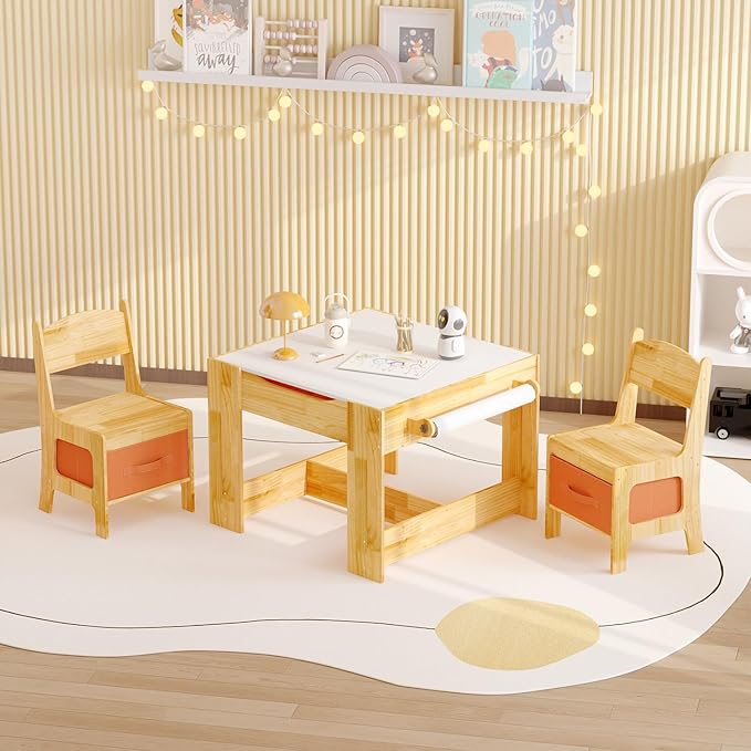 Pinewood Kids Table and Chair Set, 3 in 1 Toddlers Wooden Art Activity Table Desk with Chairs and Storage, Children Removable Tabletop, Blackboard, Natural