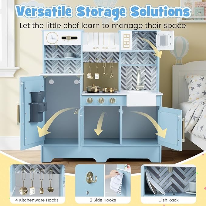 HONEY JOY Play Kitchen, Wooden Toy Kitchen Set with Coffee Maker, Microwave, Range Hood, Ice Maker, Stove, Dish Rack, Cookware, Pretend Play Kids Kitchen Playset for Toddler Boys Girls (Blue)