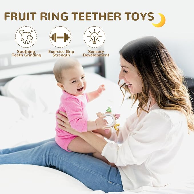 Hooku Silicone Teethers for Babies 6-12 Months, Teething Toys for Babies 0-6 Months, Baby Fruit Teethering Rings, BPA Free Baby Chew Toys, Infants Gifts