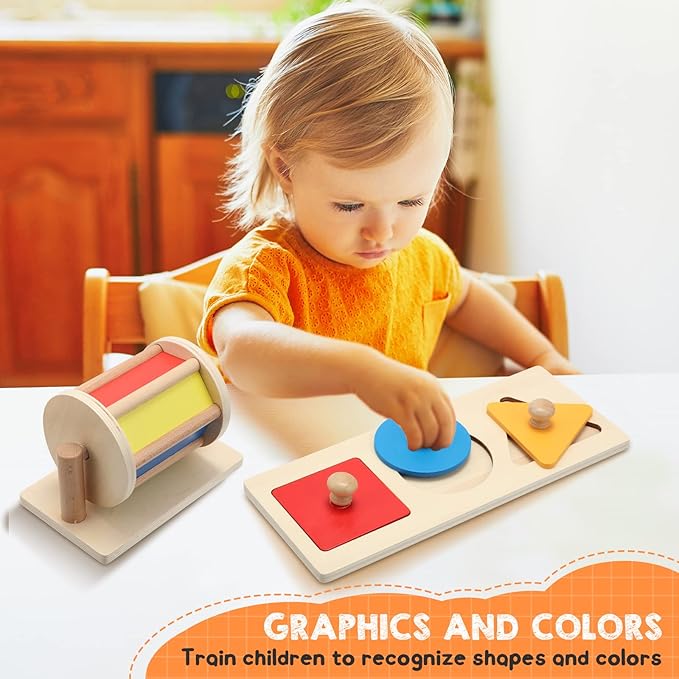 Sratte 3 Pcs Wooden Baby Toys Set, Object Permanence Box, Rainbow Drum, Colorful Multiple Shape Puzzles Toys, Preschool Toys Set for 6-12 Month Infant 1 2 3 Year Old Toddlers Babies