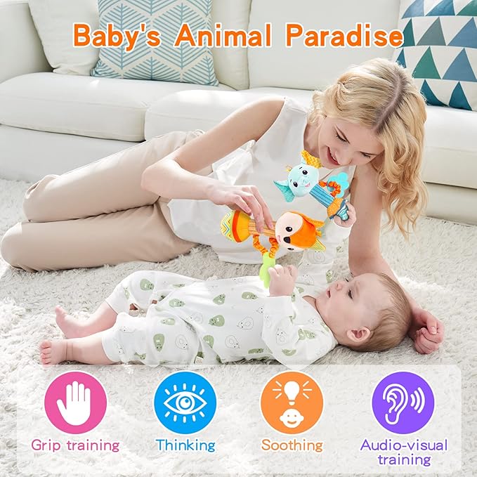 Baby Rattles 0-6 Months，Baby Soft Rattles Shaker，Hand Grab Sensory Shaker,Teething Toys for Babies 6-12 Months，Sensory Plush Animal Toys for 0 3 6 9 12 Months Newborn Toys, 2PCS