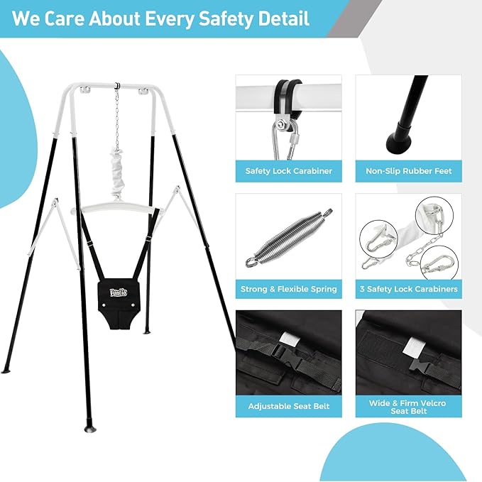 FUNLIO 2 in 1 Swing Set for Toddler & Baby Jumper, Heavy Duty Kids Swing & Bouncer with 4 Sandbags, Foldable Metal Stand for Indoor/Outdoor Play, Easy to Assemble and Store - Black