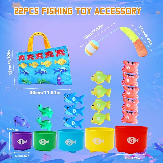 Montessori Toys for 1 Year Old, 22PCS Cloth Fishing Game with Stacking Cups Sensory Baby Toys 6-12 Months,Toddler Education Learning Toys for 1 2 Year Old Boy Girl Gifts (Sea Animals)