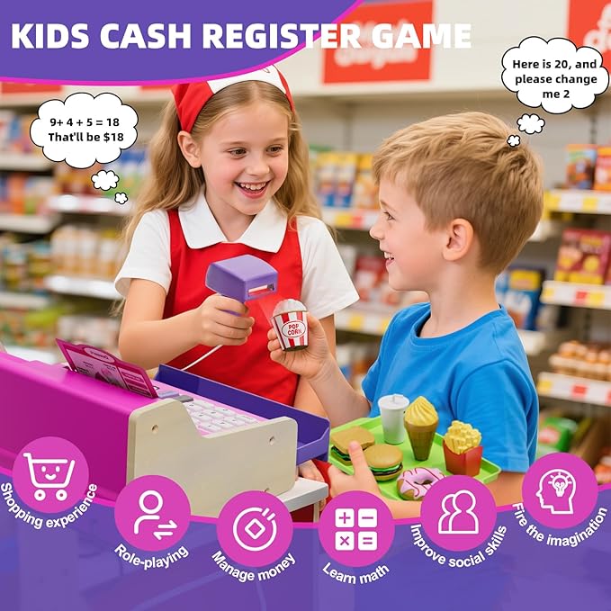 Kids Cash Register Toys, Rechargeable Wooden Toddler Pretend Play Supermarket & Fast Food Restaurant, Cashier Toy with Play Money, Pretend Food, Birthday Gifts for Kids Boy & Girl Age 4-8, Pink