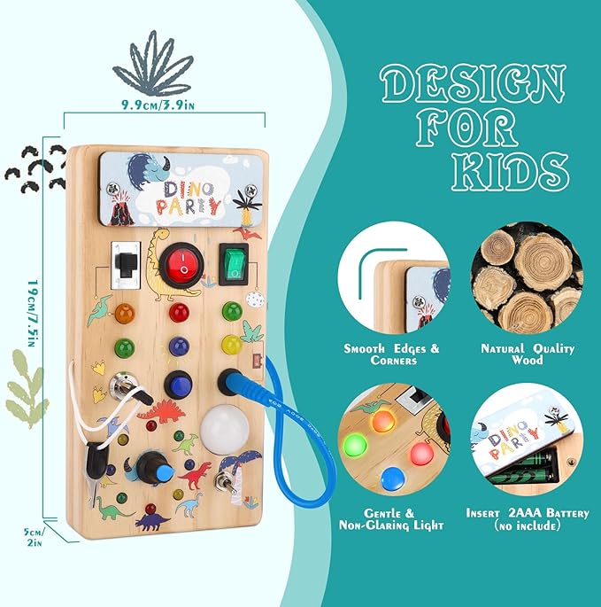 Hoarosall Dinosaur Busy Board with 8 LED Light Switches, Toddler Montessori Busy Board with Light Switch, Sensory Travel Toys, Montessori Toys for 1+ Year Old Boys