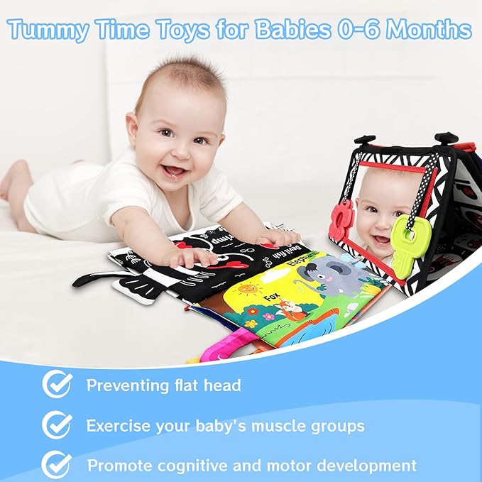 Tummy Time Mirror Newborn Toys: Black and White Infant Tummy Time Toys 0-3 0-6 6-12 Months Babies High Contrast Baby Toy with Book & Teethers Montessori Sensory Toy for Boy Girl Baby