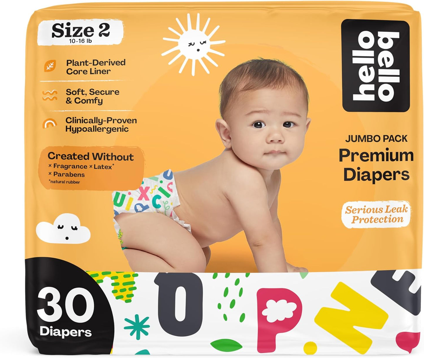 Hello Bello Premium Baby Diapers Size 2, 30 Count of Disposable, Extra-Absorbent, Hypoallergenic Baby Diapers with Snug and Comfort Fit, Alphabet Soup