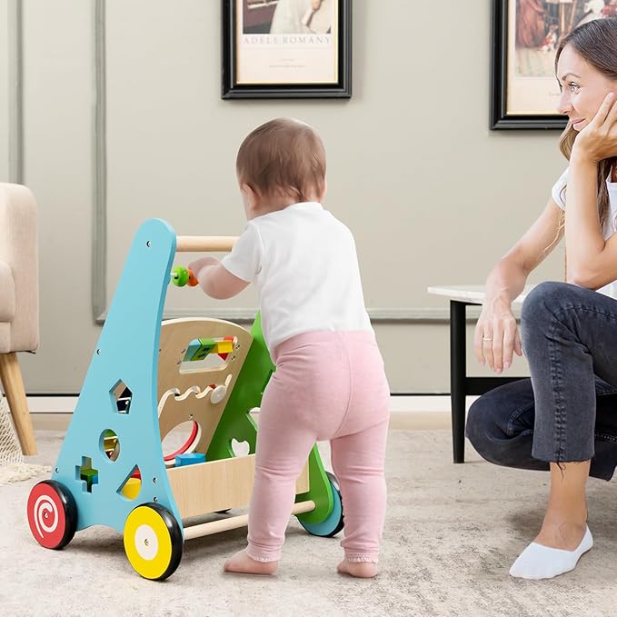 HONEY JOY Baby Push Walker, Wooden Infant Walker Activity Center with Shape Sorter, Develop Motor Skills & Creativity, Push Toys for Babies Learning to Walk, Gift for Boys and Girls, Colorful