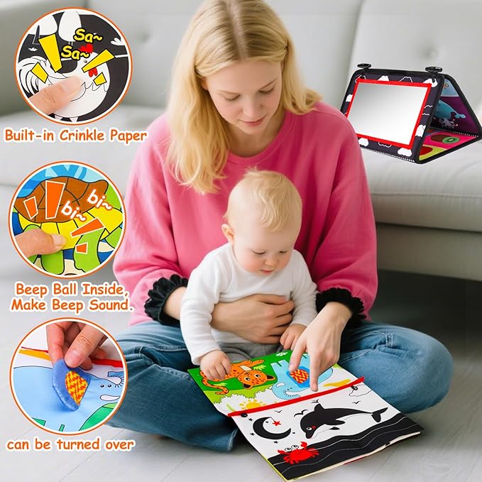 Baby Mirror Tummy Time Toys 0-6 Months with Crinkle Cloth Books Infant High Contrast Newborn Sensory Black and White Toy for 0-3 4 5 6 Months Must Haves Babies 3-6 6-12 Month Boy Girl