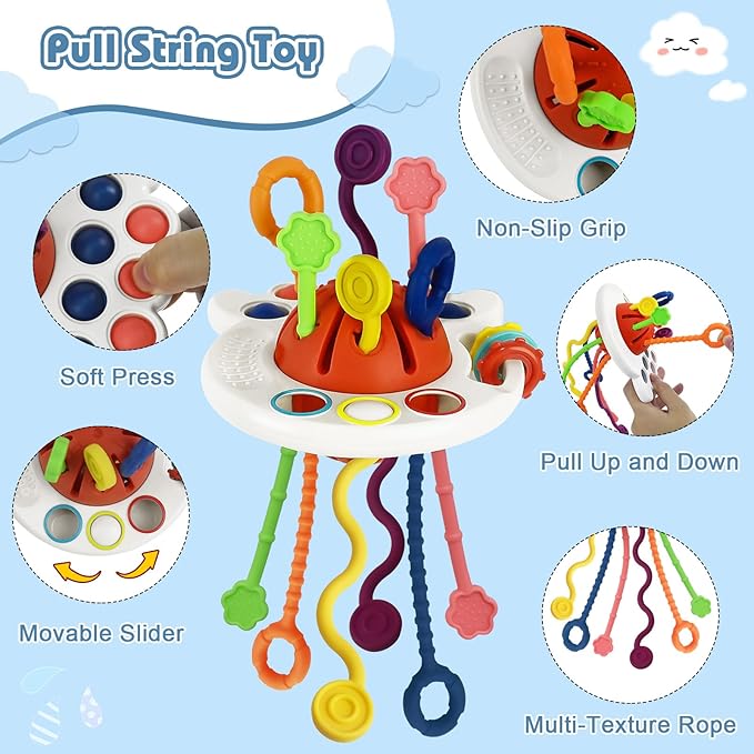 6 in 1 Montessori Toys for Babies 6-12 Months Up - Incl Pull String Toy, Stacking Cups, Tissue Box, Suction Cup Spinner, Stacking Blocks,Activity Cube, Baby Toys for 1 2 3 Year Old
