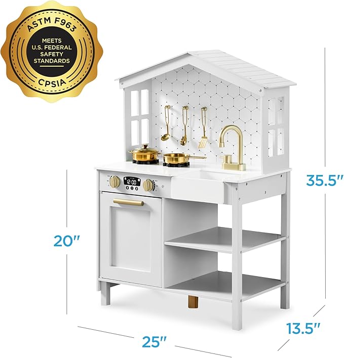 Best Choice Products Pretend Play Wooden Farmhouse Kitchen Set for Kids w/Toy Storage, Clicking Knobs, Windows, 5 Accessories Included - Beveled White