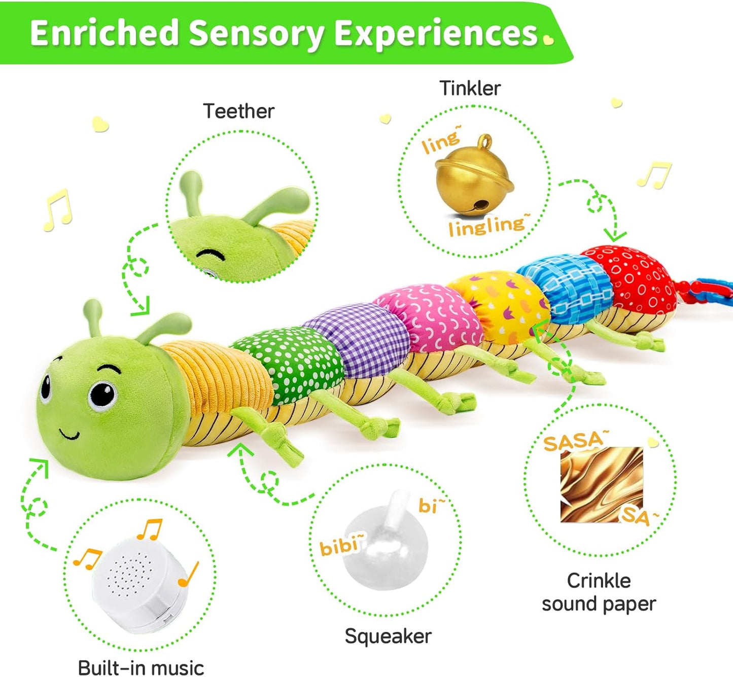 Baby Toys, Musical Plush Stuffed Toy for Newborn 0-3 0-6 3-6 6-12 Months Old, Animal Soft Rattle Sensory Toys with Teether for Tummy Time, Infant Boy& Girl Easter Gifts, Caterpillar