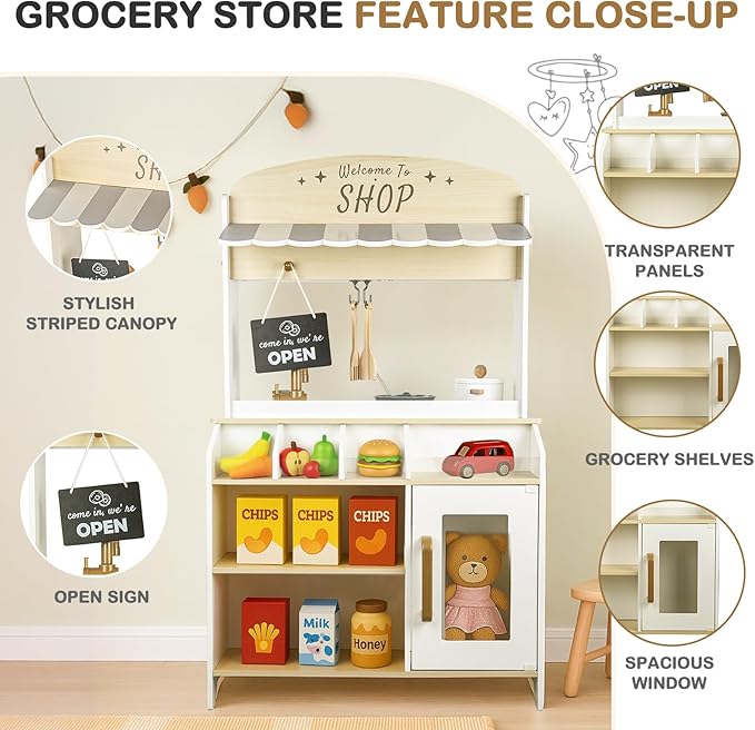 Dual-Sided Play Kitchen for Kids Toddlers, 2-in-1 Grocery Store&Wooden Toy Kitchen Set with Coffee Machine,Pretend Kitchen Play Set with Microwave, Oven, Gift for Boys Girls