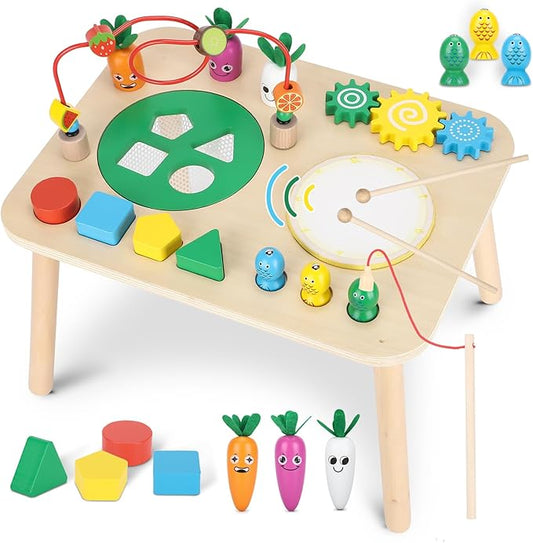 Activity Table for 1+ Year Old, 7 in 1 Wooden Montessori Activity Center Play Table with Drum, Bead Maze Shape Sorter Fishing Game, Kids Sensory Educational Toddler Learning Toys 1st Birthday Gifts