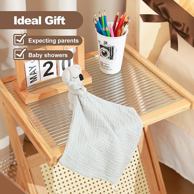 Hand Knit Koala Baby Blanket - Cute Educational Plush Doll and Baby Rattle, Soothing Toy.