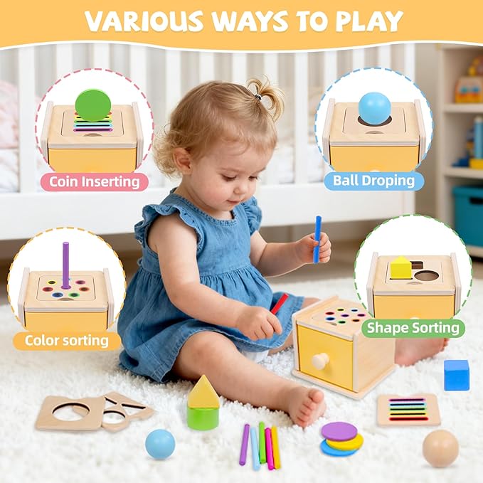 Montessori Toys for 1+ Year Old, 4 in 1 Object Permanence Coin Box, Ball Drop Color Sorting Sensory Fine Motor Skills Toys Shape Sorter for Toddlers 1-3, Gifts for 1 2 3 Year Old Girls Boys