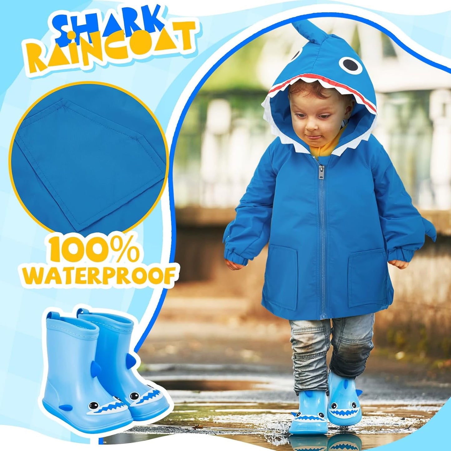 2 Pcs Toddler Raincoat Rain Boots Set Kids Baby Cartoon Hoodie Zipper Jacket Short Rain Shoes for Little Boys Girls