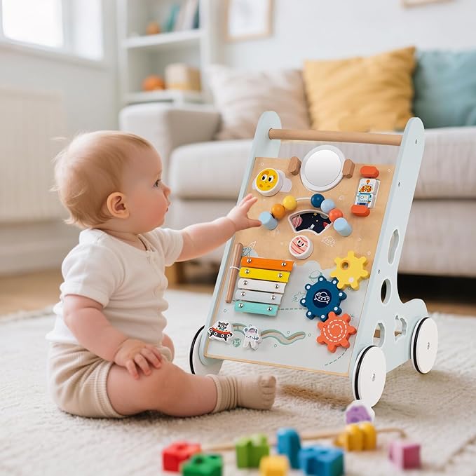 HONEY JOY Baby Push Walker, Wooden Infant Walker Activity Center with Shape Sorter, Develop Motor Skills & Creativity, Push Toys for Babies Learning to Walk, Gift for Boys and Girls, Light Blue