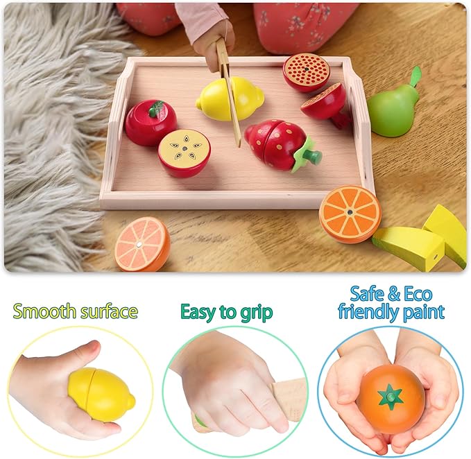 Wooden Toys for 2 Year Old - Pretend Play Food Set for Kids Play Kitchen,9 Cuttable Toy Fruit and Veg with Wooden Knif and Tray,Gift Idea for Boys Girls Birthday