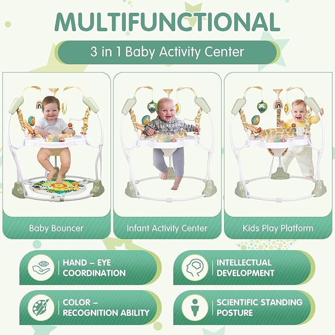 Baby Activity Center, 3-in-1 Baby Jumper, Infant Activity Center with 360° Rotating Seat, Music, Lights, 3 Adjustable Heights, Infant Activity Jumper for 6+ Months JP2403
