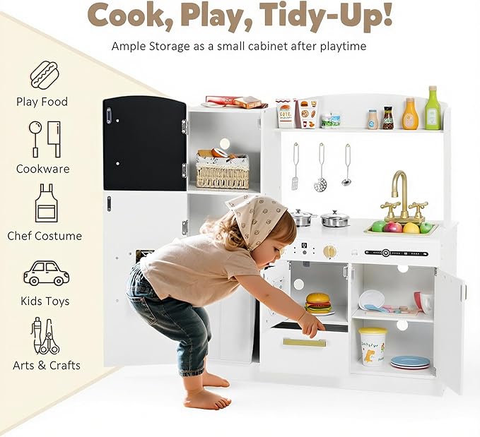 Pretend Kitchen Playset for Kids, Interactive Play Kitchen Wooden Toy Set w/Realistic Design, Sink, Microwave, Ice Maker, Dishwasher, Toddler Cooking Set Toy for Ages 3+, White