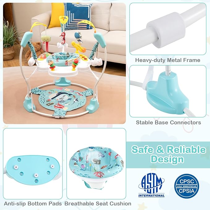 HONEY JOY Baby Bouncer Activity Center, Infant Jumper and Table w/ 360° Rotary Seat, 3 Adjustable Heights, Mat, Music, Lights, Sounds & Developmental Toys, Activity Center for Babies (Light Blue)