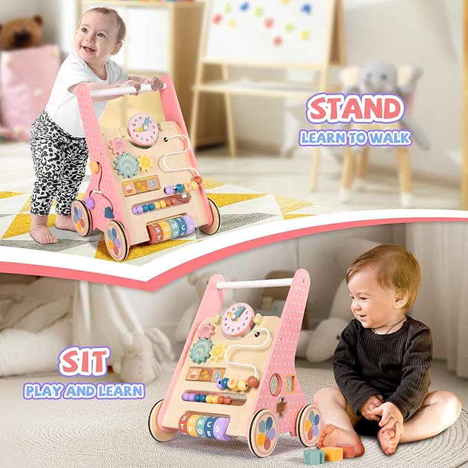 Wooden Baby Walker, Push Walker for Baby Girl 6-12 Months, Montessori Walker Push Toy for Toddlers Learning to Walk