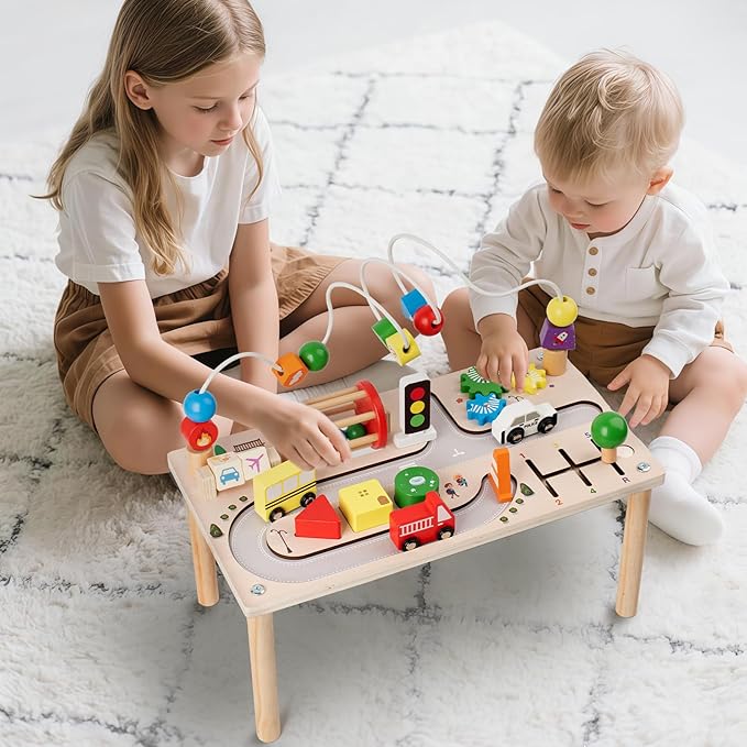 Activity Table for 1 Year Old, 8 in 1 Multi-Colorful Montessori Toys, Baby Activity Table with Bead Maze & Shape Sorter, Toddler Sensory Educational Learning Toys for Birthday Gift Boys Girls