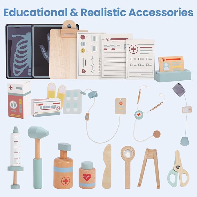 Wooden Doctor Playset, Kids Doctor Kits with 15PCS Accessories,Dr Pretend Playset for Kids/Toddlers Ages 3-5 6-8