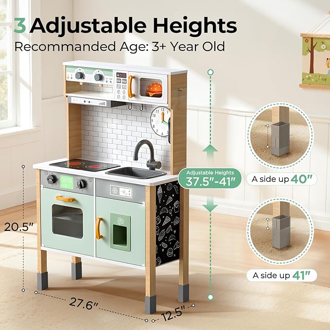 Play Kitchen Wooden Kids Kitchen Playset Pretending Toys for Toddlers with Real Lights & Sounds, 3 Heights Adjustable, Chalkboard, 35Pcs Toy Food & Cookware Accessories-Green